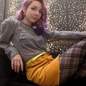 A New Day Black Multi Plaid Long Sleeved Sheer Puff Shoulder Blouse